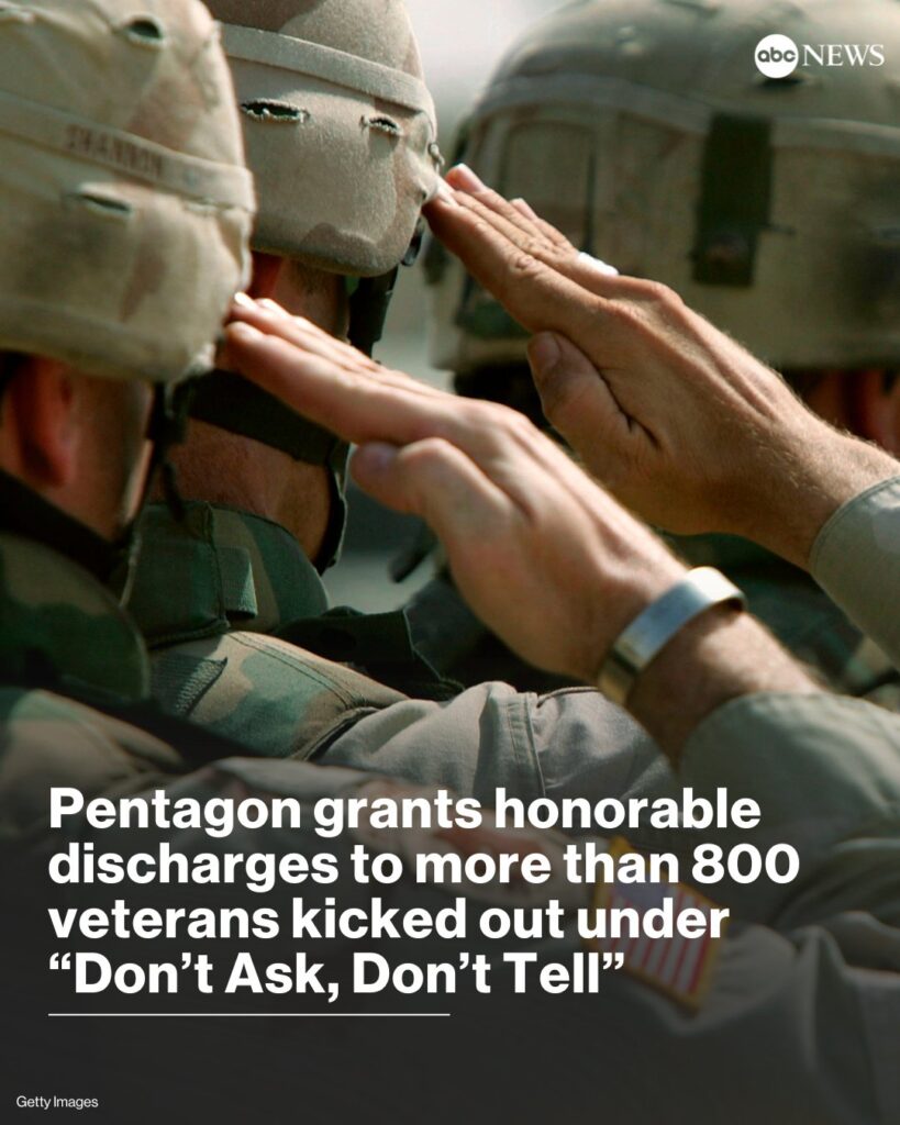 The Pentagon has granted honorable discharges to more than 800 veterans who were kicked out of the U.S. military because of their sexual orientation under the "Don't Ask, Don't Tell" policy, which was in effect from February 1994 to September 2011.