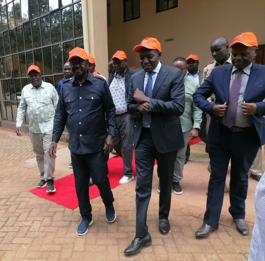 ODM party leader Raila Odinga flanked by Kisii Governor Simba Arati after a consultative meeting in Kisii Thursday March 6,2025