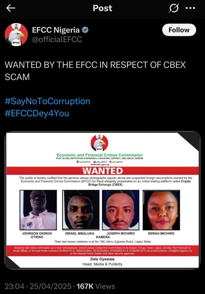 Kenyans among 8 wanted in Nigeria for CBEX Crypto fraud