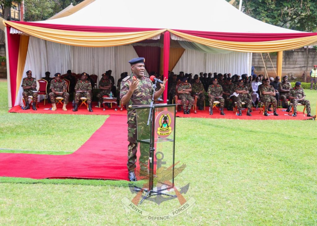 Commander Kenya Army Lt Gen David Ketter addresses personnel during his first baraza at Ngao Gardens, Nairobi, engaging on key issues affecting the military