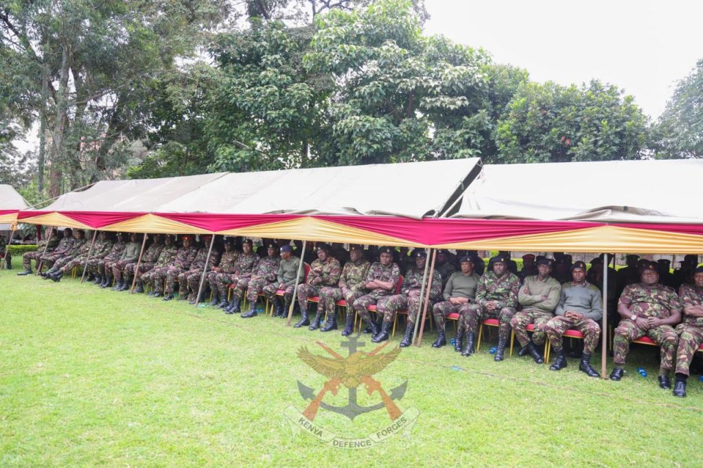 Chiefs of branches at Headquarters Kenya Army, Senior Officers, Officers, Service Members, and civilian staff follow proceedings during the inaugural baraza addressed by Commander Kenya Army Lt Gen David Ketter at Ngao Gardens, Nairobi