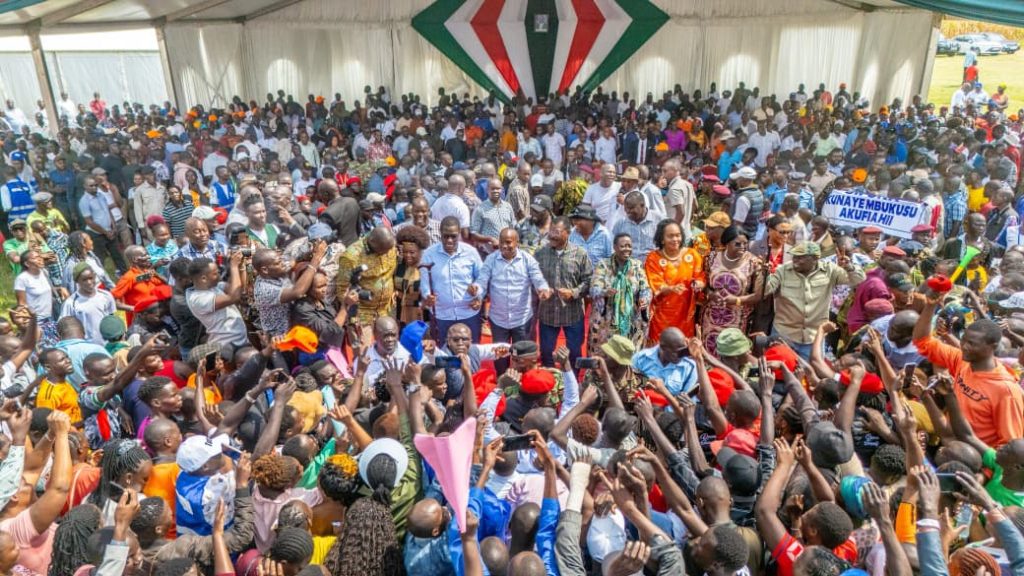 Deputy President Kithure Kindiki speaks during the Muhoroni Economic Empowerment event in Kisumu County, affirming the government’s commitment to inclusive development and national unity through cooperation between President Ruto and Raila Odinga