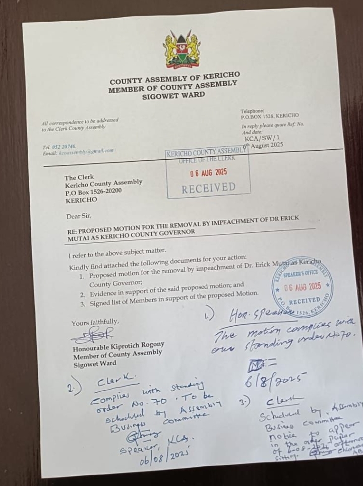 Official letter submitted by Hon. Kiproitch Rogony, MCA for Sigowet Ward, to the Clerk of the Kericho County Assembly on August 6, 2025, formally initiating a fresh motion for the impeachment of Governor Dr. Erick Mutai