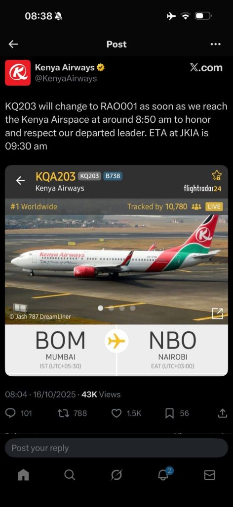 Kenya Airways Renames Flight Carrying Raila Odinga’s Body to RAO001 in Honour of Former PM