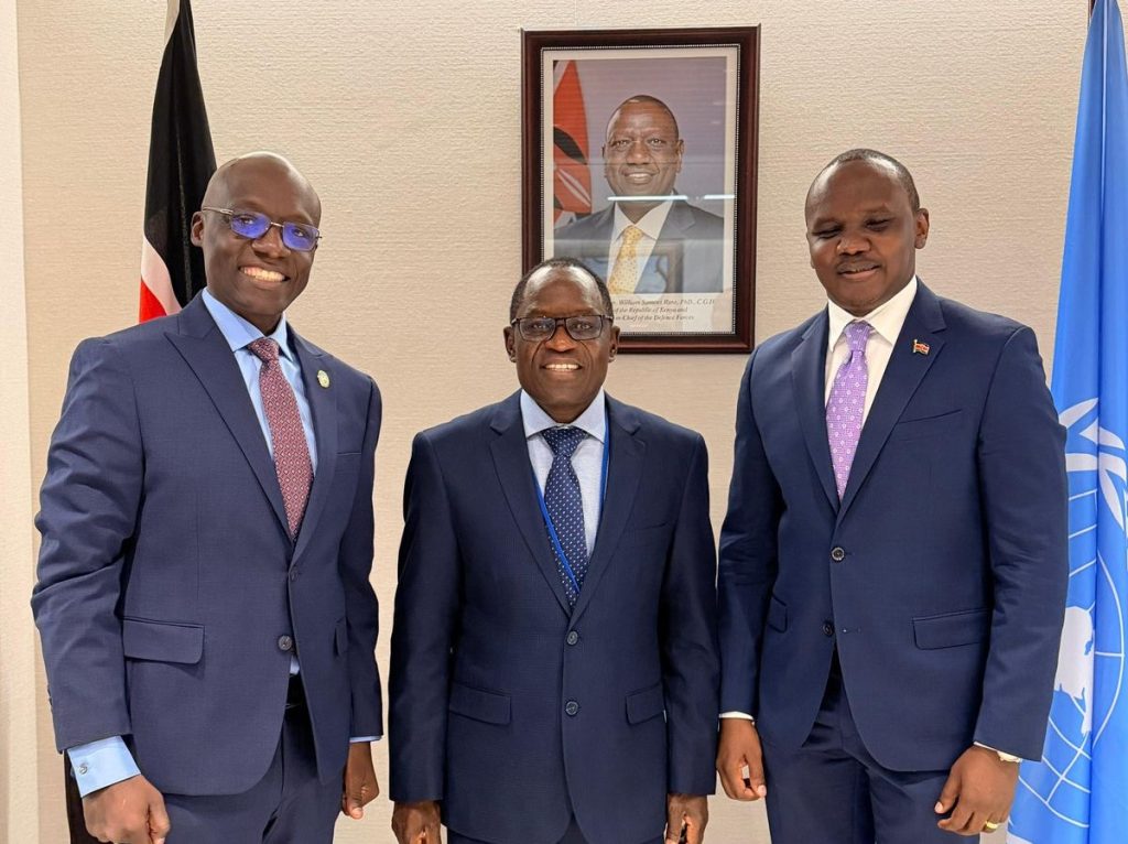 Principal Secretary for Broadcasting and Telecommunications Stephen Isaboke (centre), Kenya’s Ambassador to the US and Permanent Representative to the United Nation Ekitela Lokaale (right) and Kenya’s Special Envoy on Technology Amb. Philip Thigo (left) at the Kenya Embassy in New York during a briefing session on World Summit on Information Society (WSIS+20) Review session