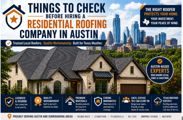 10 Things to Check Before Hiring a Residential Roofing Company in Austin (2026) This is a cover image showing a sample home with a certain style of roof. This image also shows that this article is about a checklist of things to go through before hiring a Residential Roofing Company in Austin