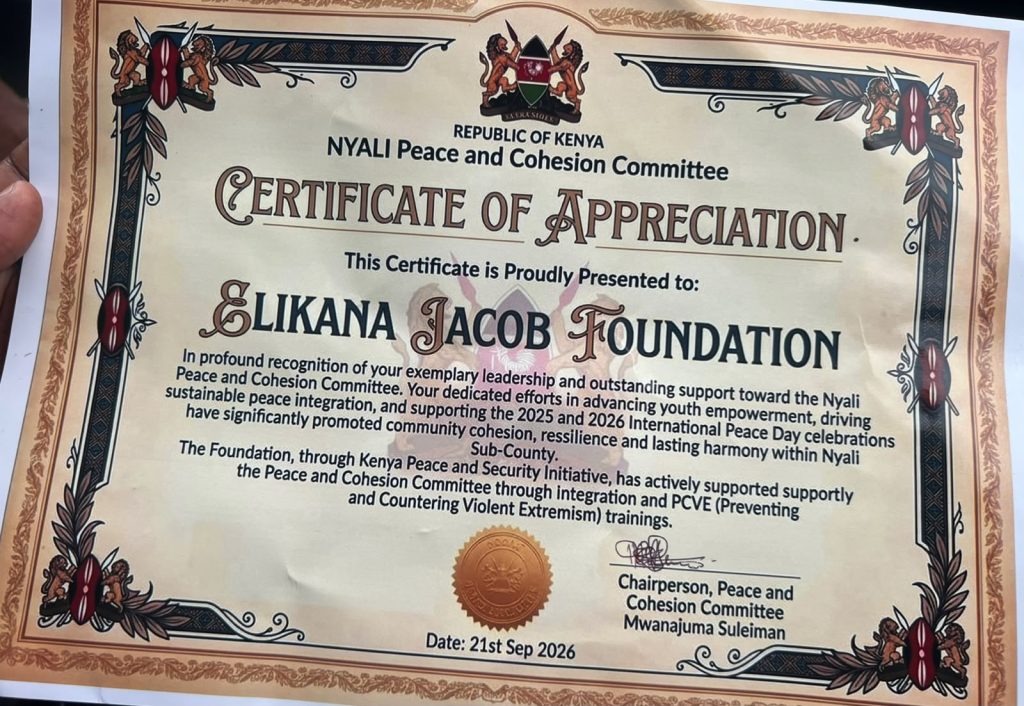 Elkana Jacob Foundation recognised for peace and community work in Nyali