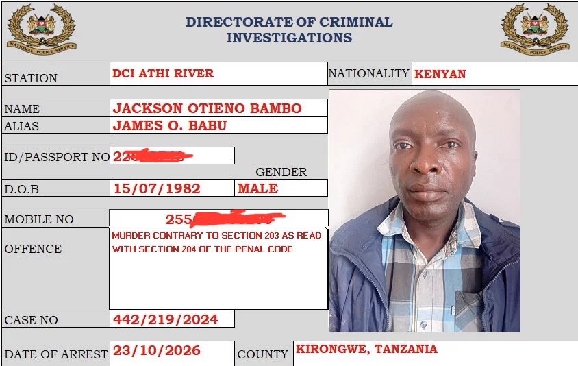 Murder suspect arrested in Tanzania after two-year manhunt Jackson Otieno Bambo, a.k.a. James Babu Olang
